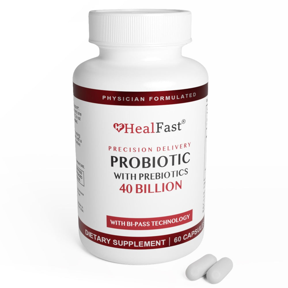 HealFast probiotic 40Billion CFU bottle supports daily gut balance.