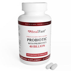 HealFast probiotic 40Billion CFU bottle supports daily gut balance.