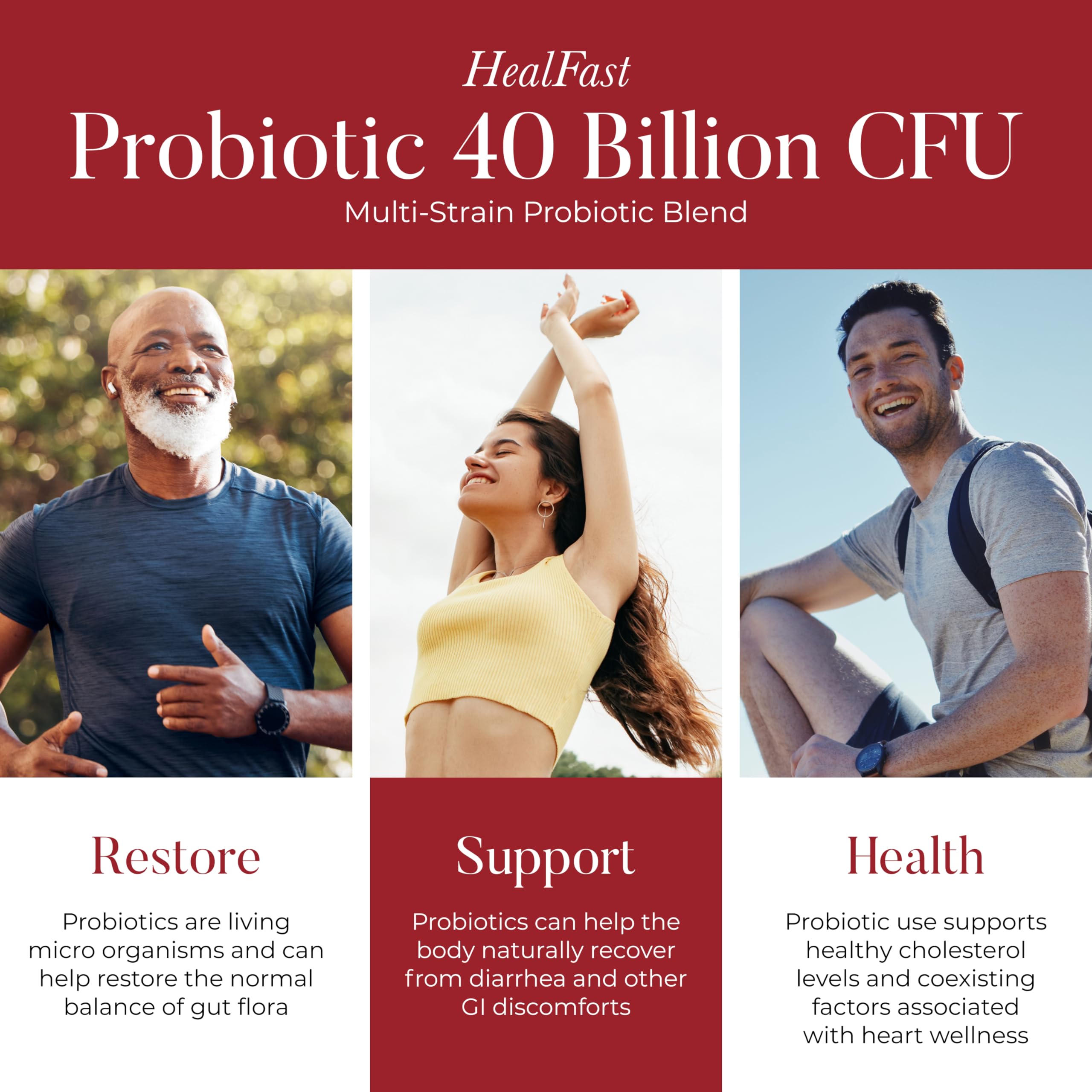 HealFast probiotic bottle label closeup shows potency and purity.
