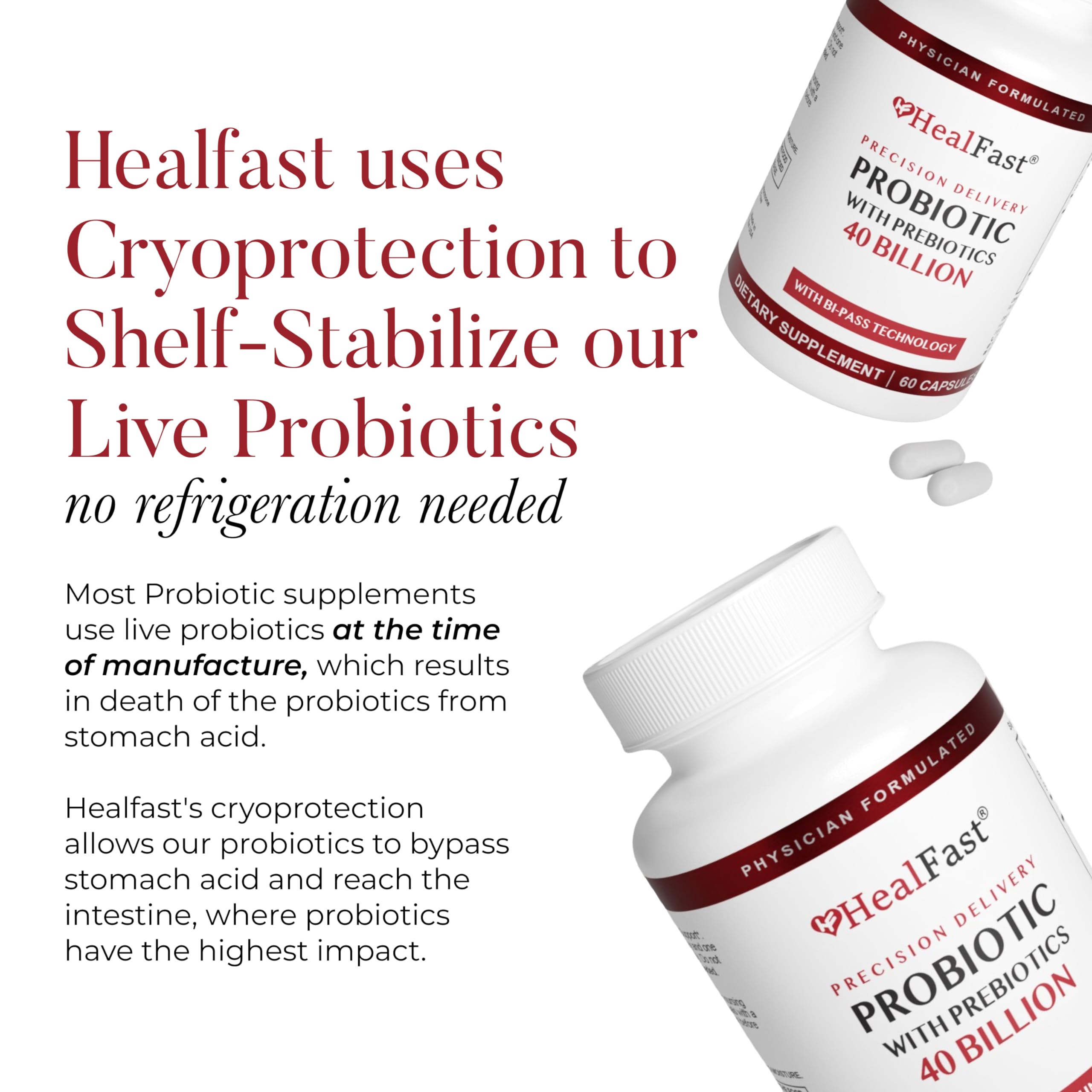 HealFast packaging display emphasizes vegan, non-GMO formula with prebiotics.