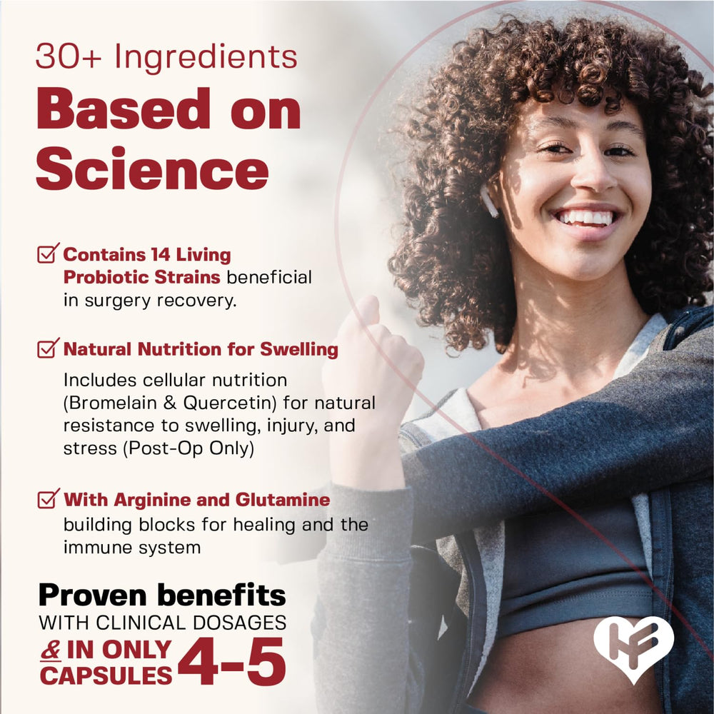 HealFast flavorless pill visual showing easy-to-swallow pre-op supplement