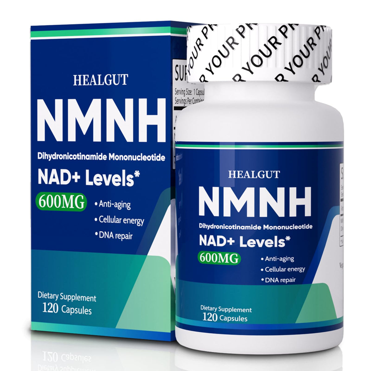 HEALGUT Pure NMNH bottle with capsules suggesting liposome delivery for NAD+ support.