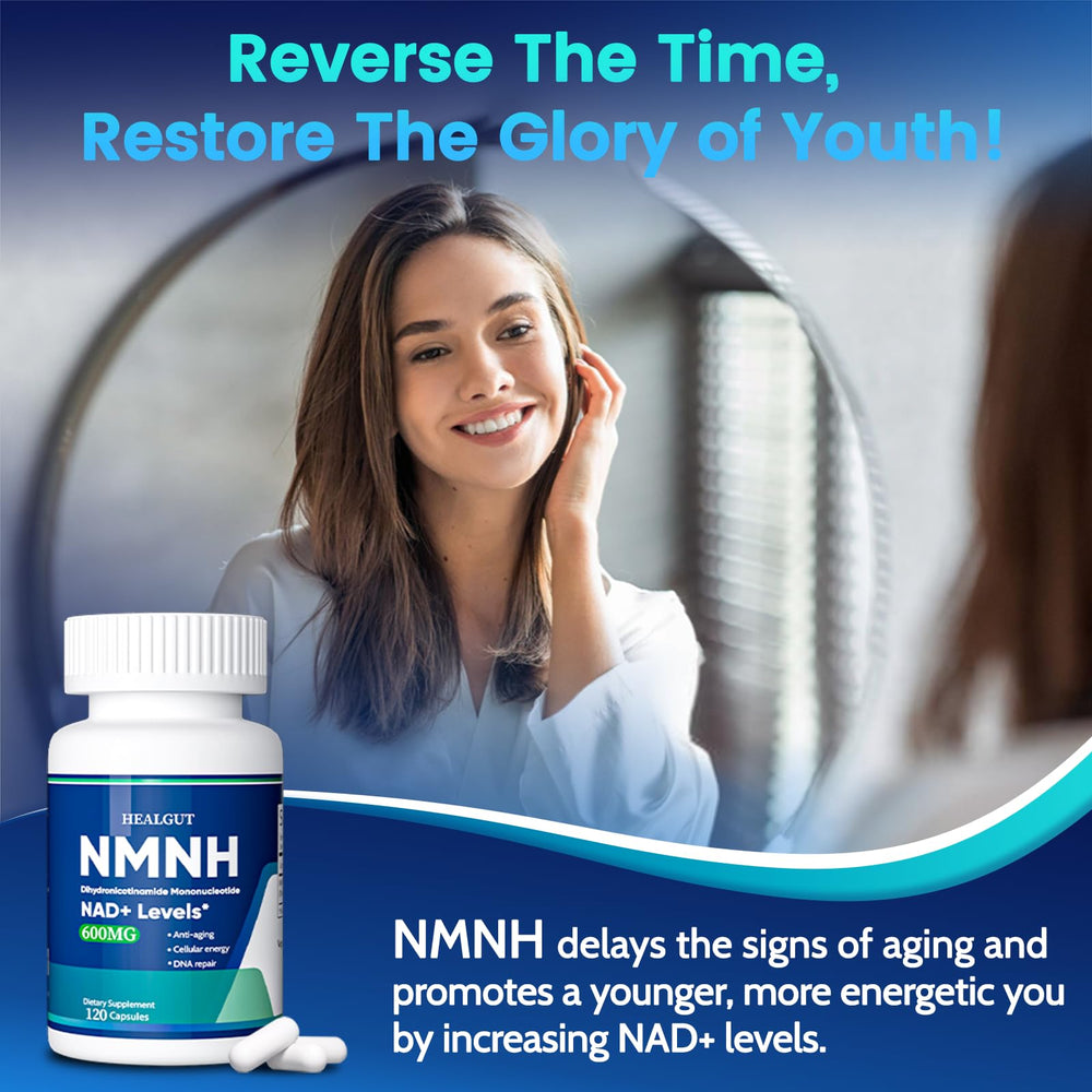 Scene of a woman taking HEALGUT NMNH as part of daily routine.