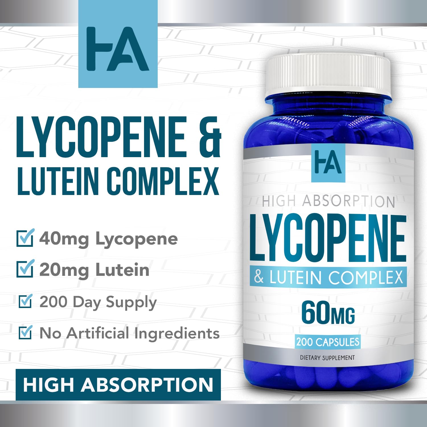 Healing Awakening Lycopene & Lutein Complex bottle graphics displaying 200-capsule count