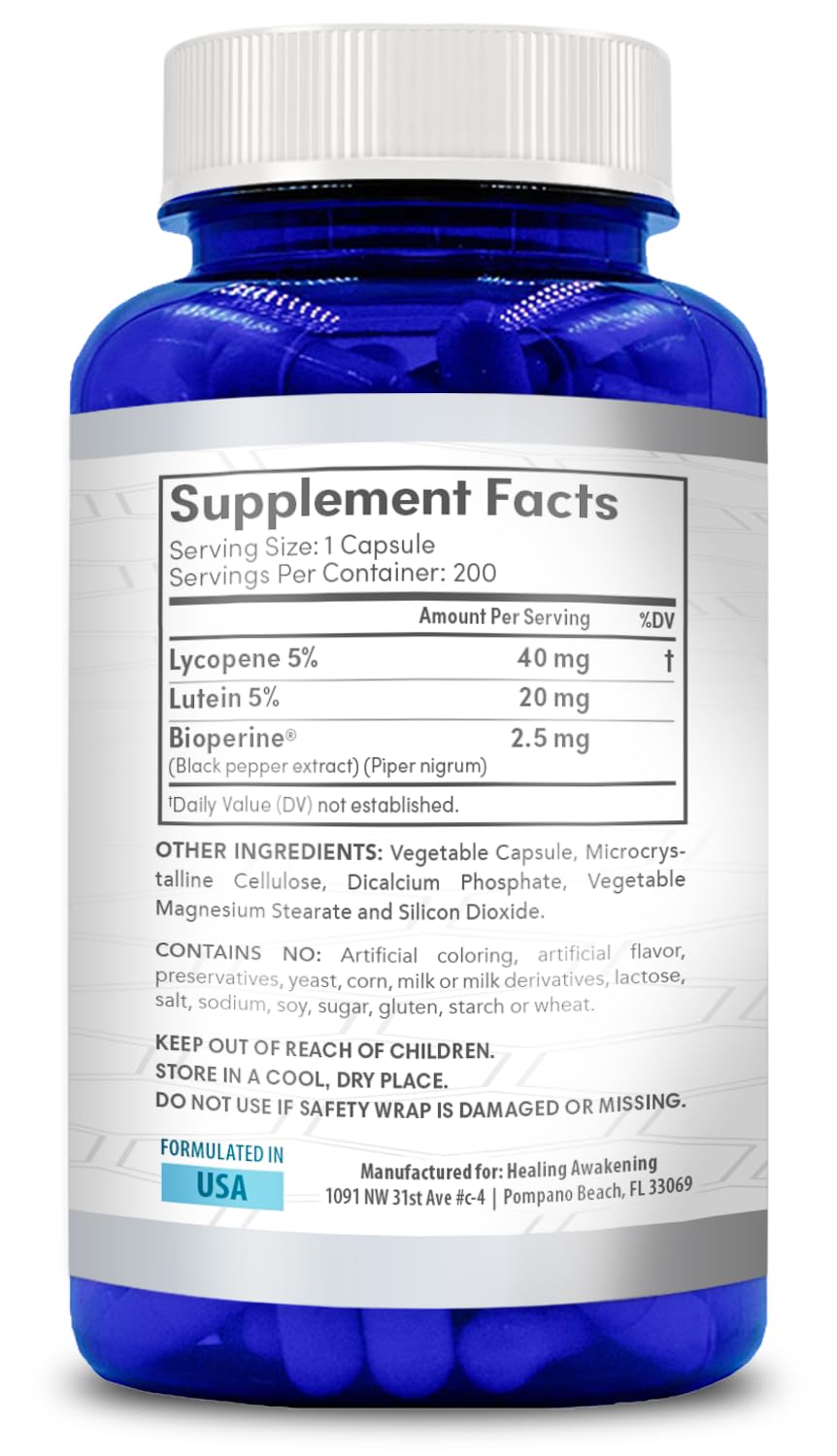 Healing Awakening Lycopene & Lutein Complex label closeup showing ingredients and clarity