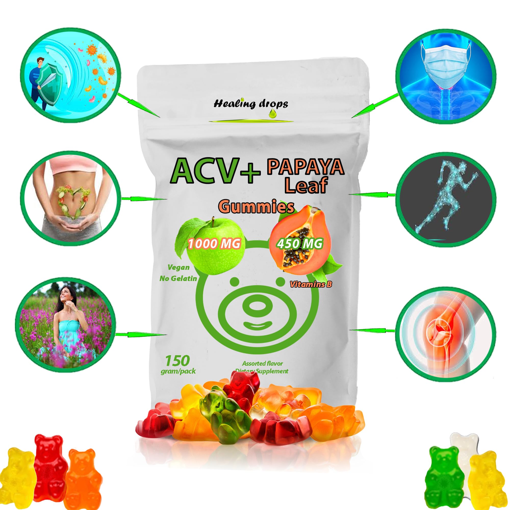Healing Drops Papaya Gummies label highlights 450 mg 10:1 extract