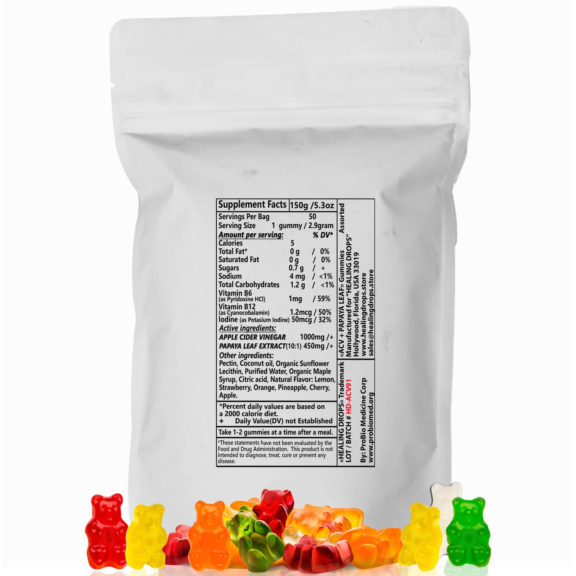 Healing Drops Papaya Leaf Gummies bottle highlighting 10:1 extract benefits