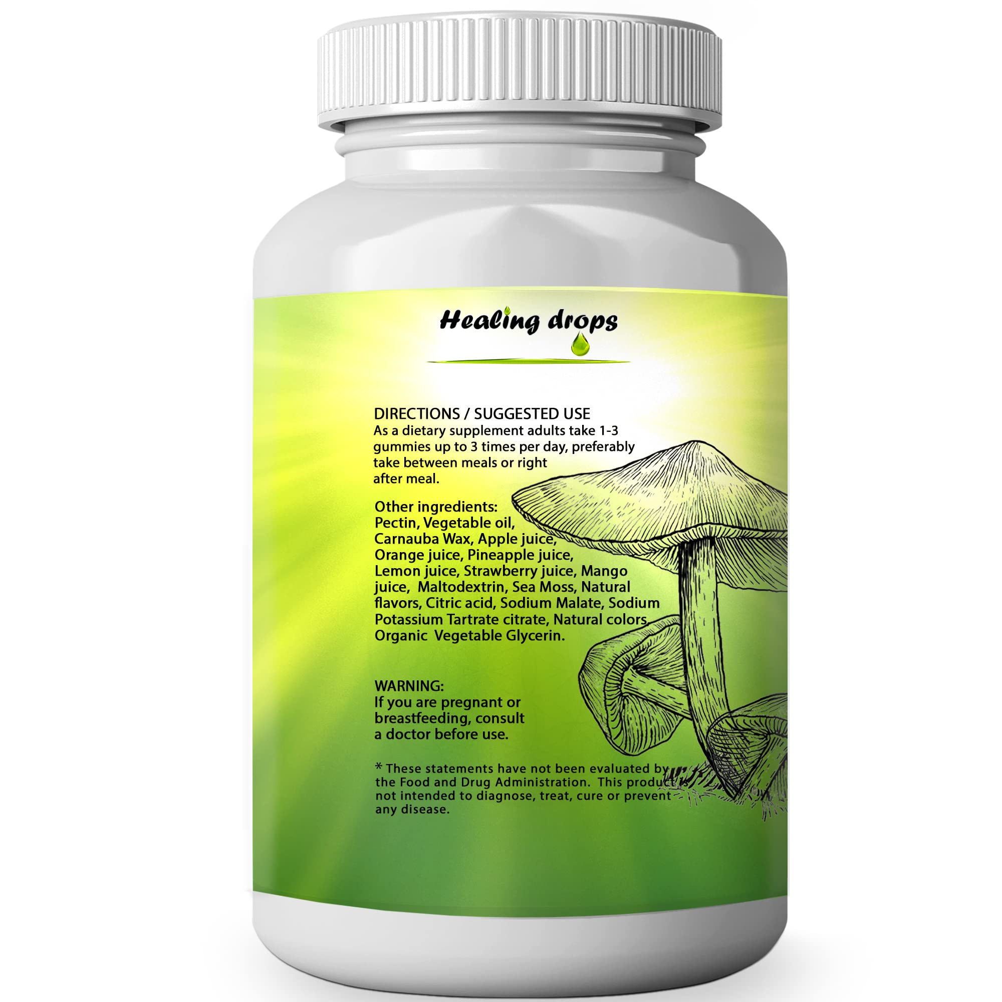 Healing Drops ingredients panel highlights nutrient-dense mushrooms with sea moss minerals.