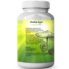 Healing Drops ingredients panel highlights nutrient-dense mushrooms with sea moss minerals.