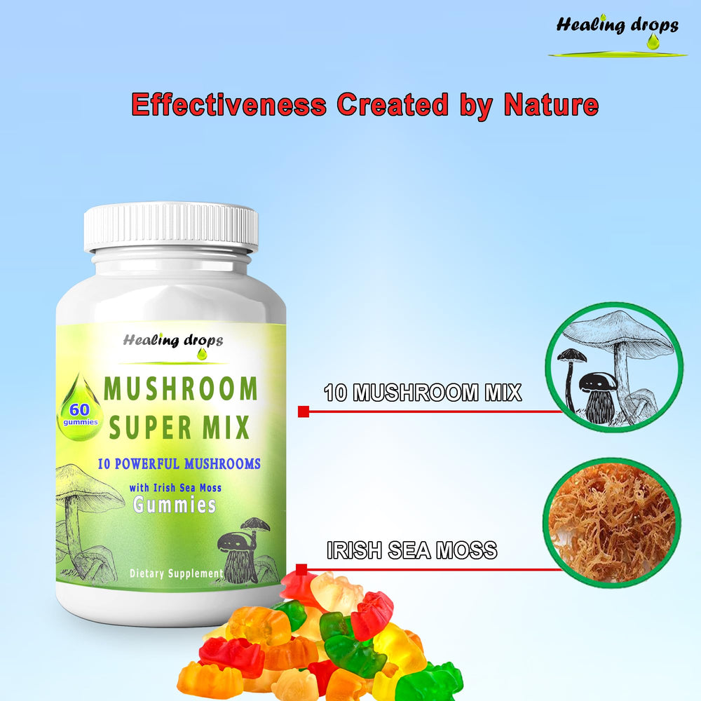 Healing Drops mushroom variety highlights Turkey Tail and Cordyceps diversity.