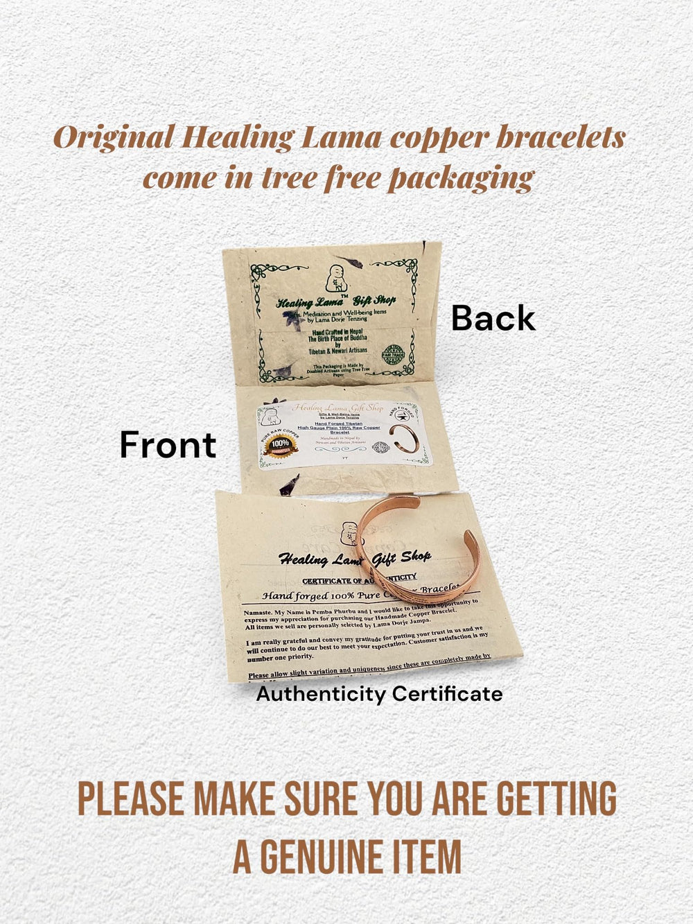 Healing Lama copper bracelet side profile highlighting smooth finish and adjustable fit.