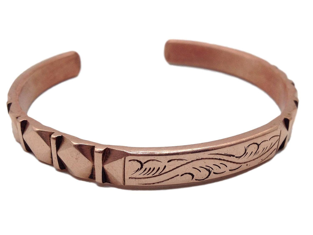 Healing Lama hand-forged copper bracelet front view highlights durable craftsmanship and warm patina.