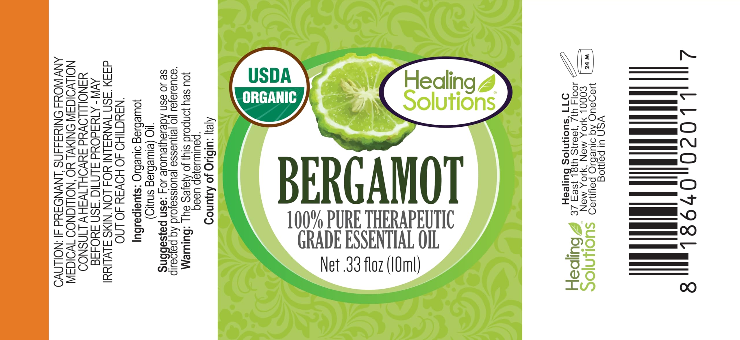 Healing Solutions bergamot oil packaging and box, premium organic quality promise.