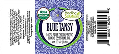 Healing Solutions Blue Tansy oil label highlights organic purity.
