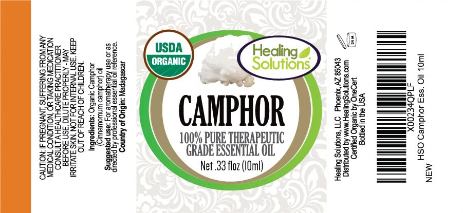 Healing Solutions Camphor Oil label closeup highlighting organic certification