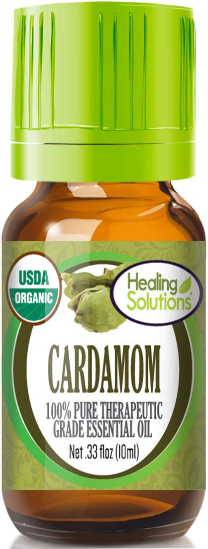 Healing Solutions Cardamom Oil bottle highlighting pure organic formula for skin and diffuser use.