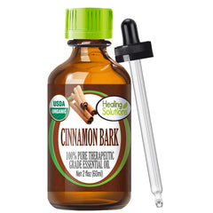 Healing Solutions Cinnamon Bark oil bottle releasing warm spice fragrance for autumn rooms.