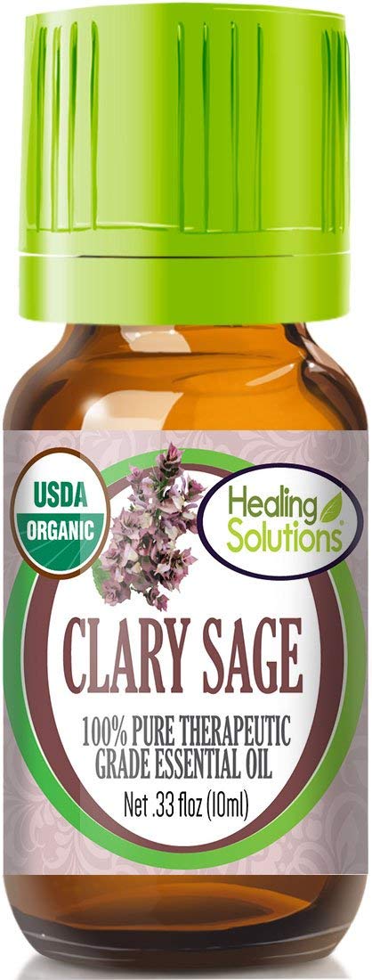 Healing Solutions Clary Sage Oil bottle displays pure essential oil for diffuser blends.
