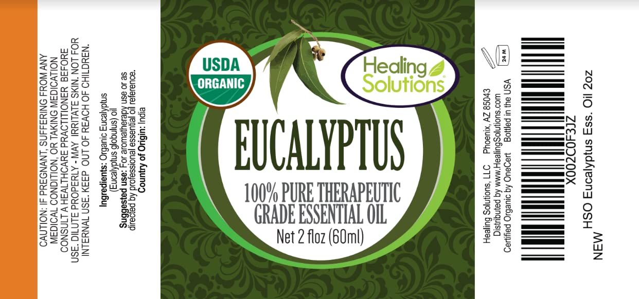 Healing Solutions Eucalyptus bottle pour, supports easy, precise aromatherapy dosing in blends.