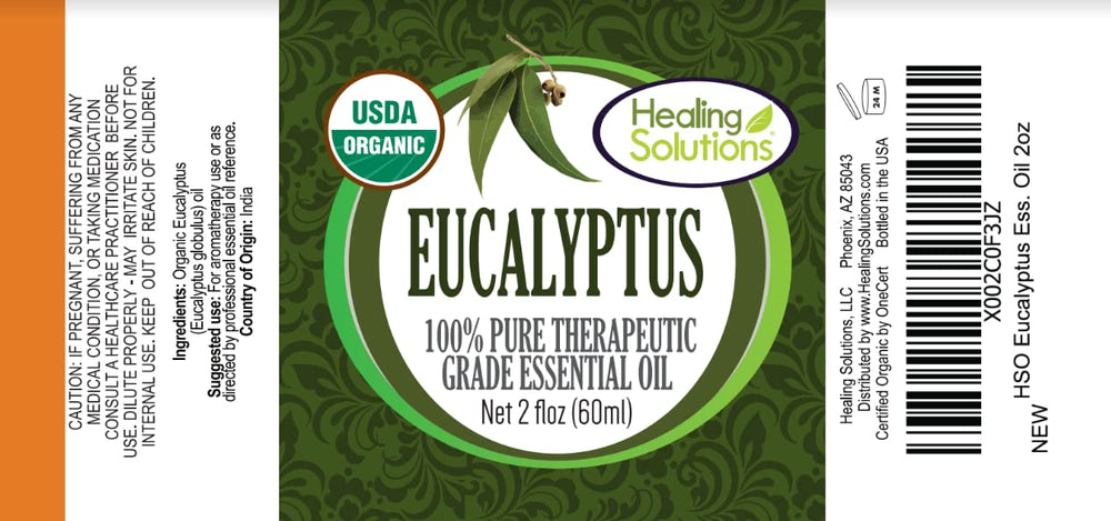 Healing Solutions Eucalyptus bottle pour, supports easy, precise aromatherapy dosing in blends.