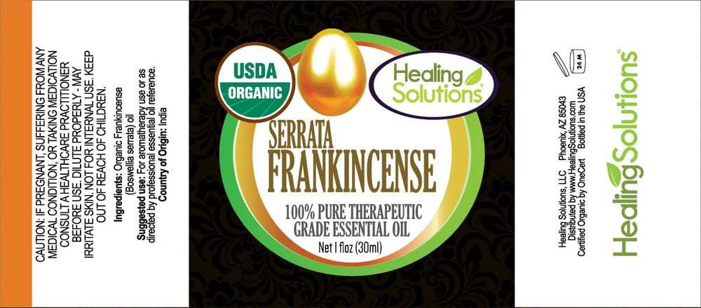 Healing Solutions frankincense oil label close-up confirms organic purity