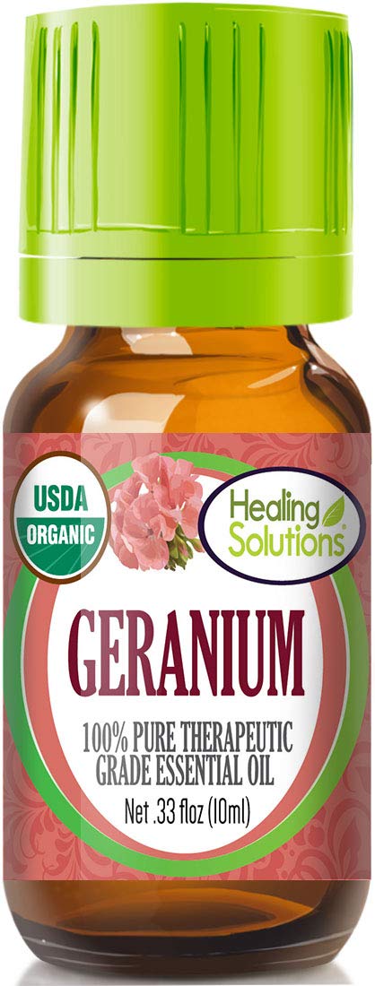 Healing Solutions Geranium essential oil bottle for pure aromatherapy and skin care.