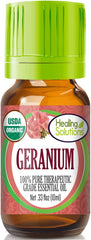 Healing Solutions Geranium essential oil bottle for pure aromatherapy and skin care.