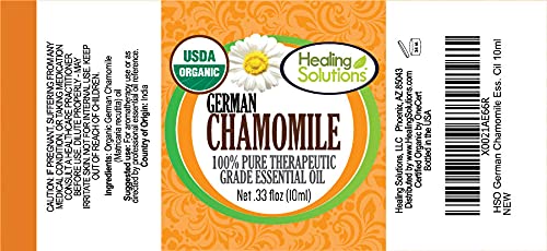 Healing Solutions German Chamomile oil label showing organic purity and batch testing