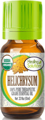 Healing Solutions Helichrysum bottle shows organic purity for skin care.