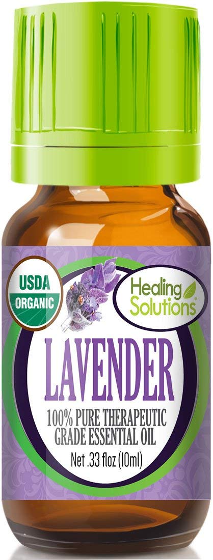 Healing Solutions lavender oil bottle close-up for calming aromatherapy.
