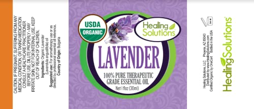 Healing Solutions lavender oil pour closeup highlights easy application for aromatherapy sessions.