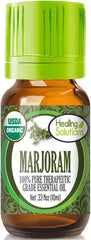 Healing Solutions Marjoram Oil bottle closeup highlighting purity and aroma