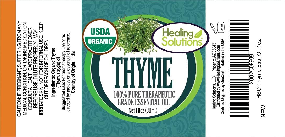 Healing Solutions organic thyme oil USDA logo signals certified purity.