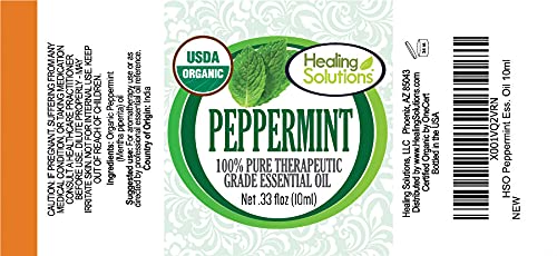 Healing Solutions peppermint oil bottle pour highlights a versatile mint aroma for diffusers.