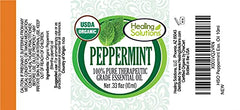 Healing Solutions peppermint oil bottle pour highlights a versatile mint aroma for diffusers.