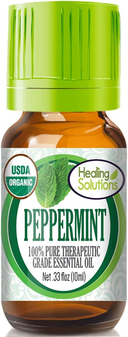 Healing Solutions peppermint oil bottle shows a pure organic extract ideal for diffusers and blends.