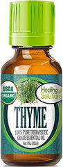 Healing Solutions thyme oil dropper closeup for precise blending.