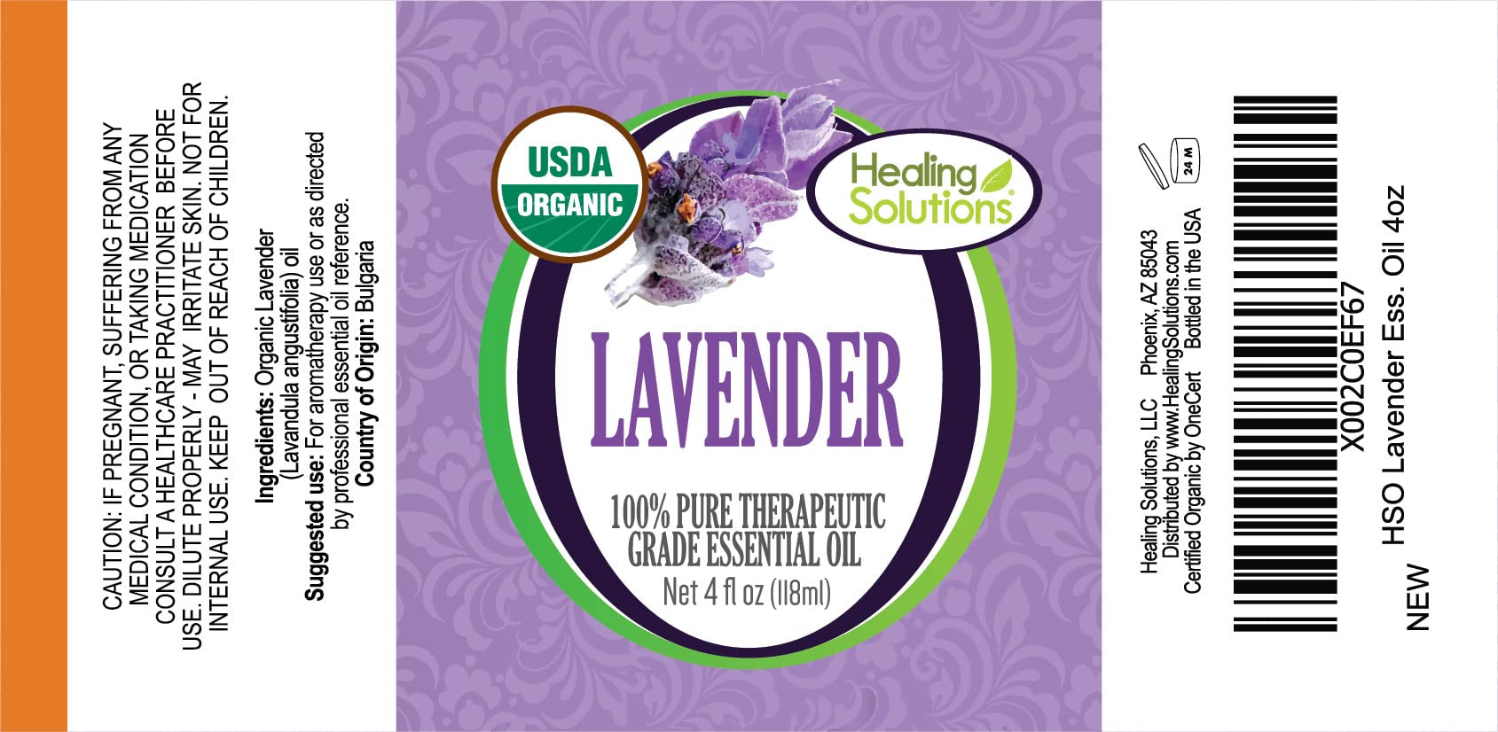 Healing Solutions USDA Organic lavender oil bottle highlighting purity.