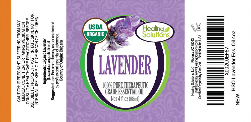 Healing Solutions USDA Organic lavender oil bottle highlighting purity.
