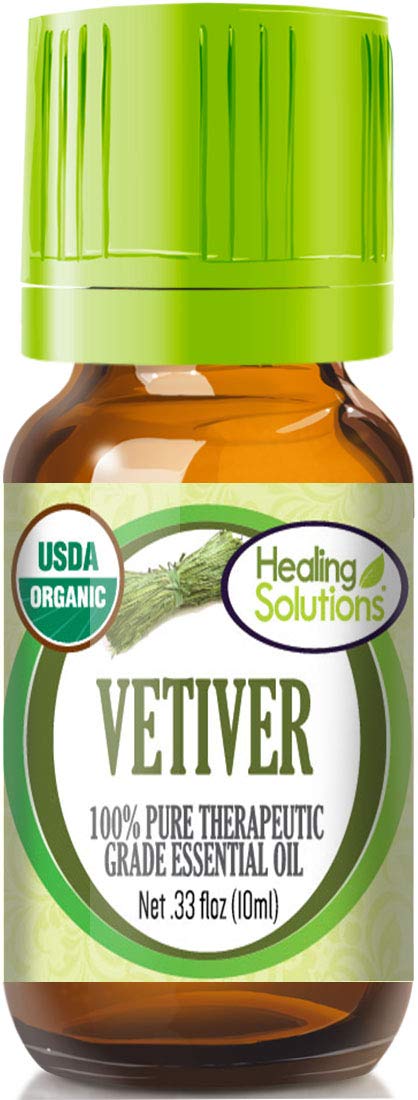 Healing Solutions Vetiver oil bottle in amber glass promotes relaxation and mood support