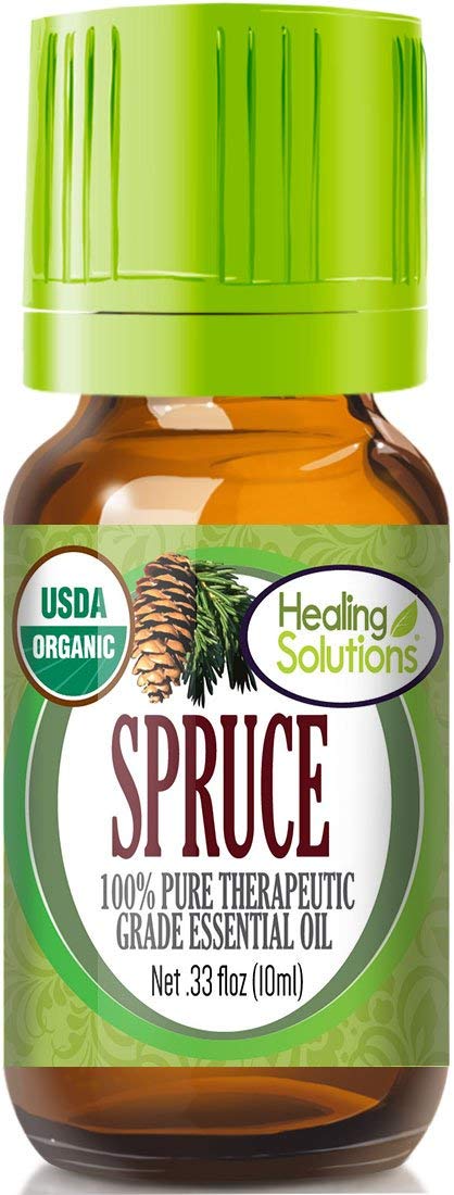 Healing Solutions Spruce Oil bottle close-up for natural aroma diffusion.