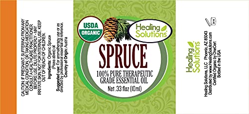 Healing Solutions Spruce Oil label detail showing organic certification.