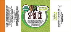Healing Solutions Spruce Oil label detail showing organic certification.