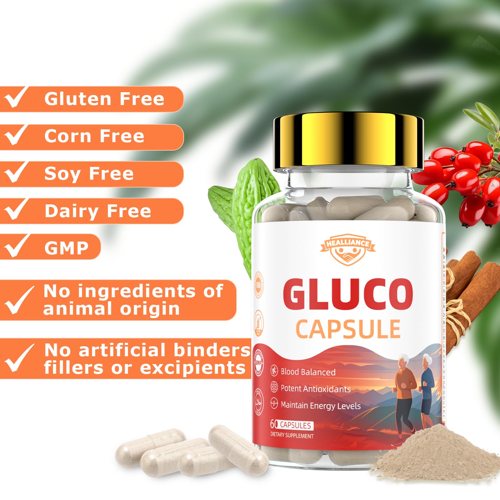 Capsules closeup of Healliance Gluco Blood Balance, 60-count bottle.