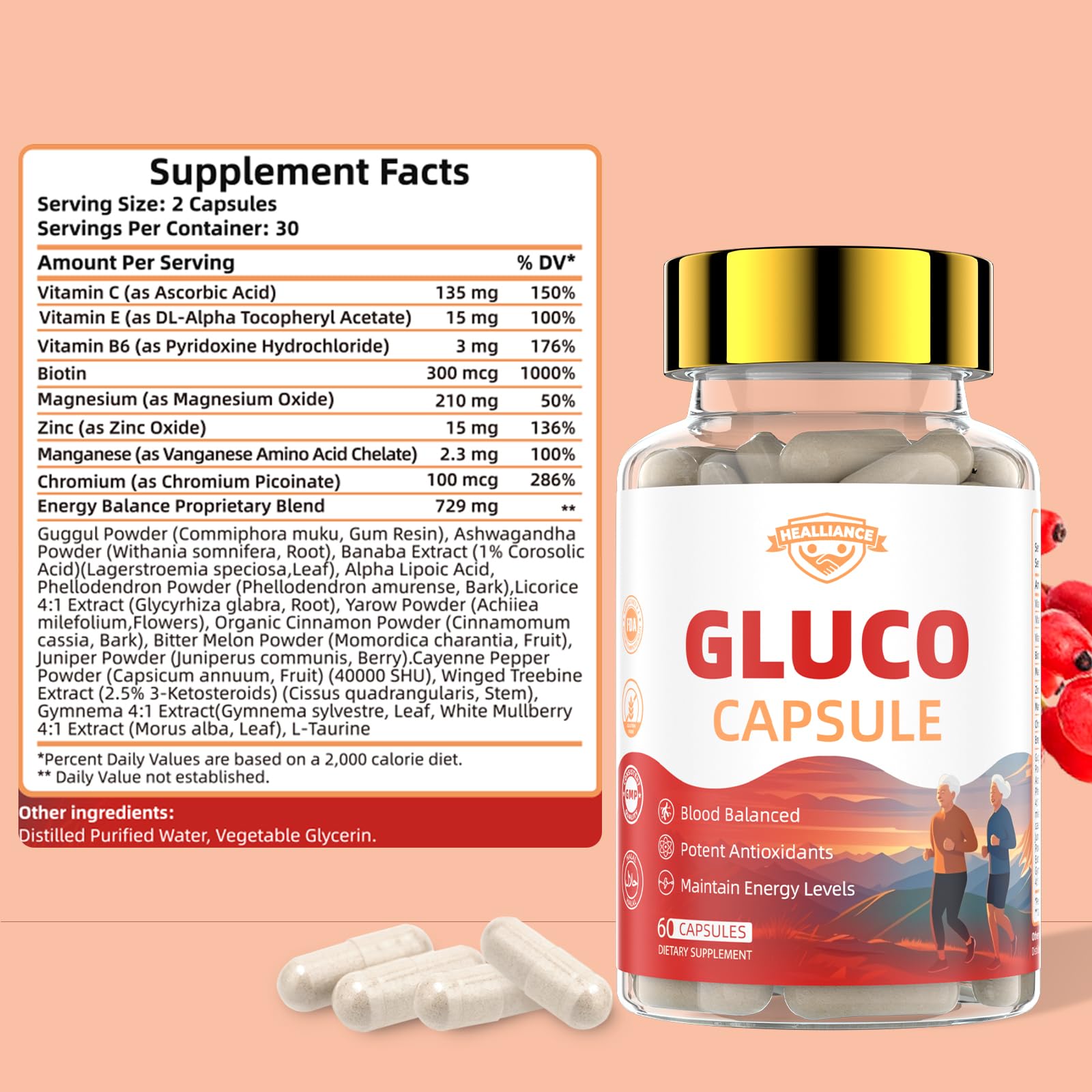Packaging for Healliance Gluco Blood Balance on a wellness shelf.