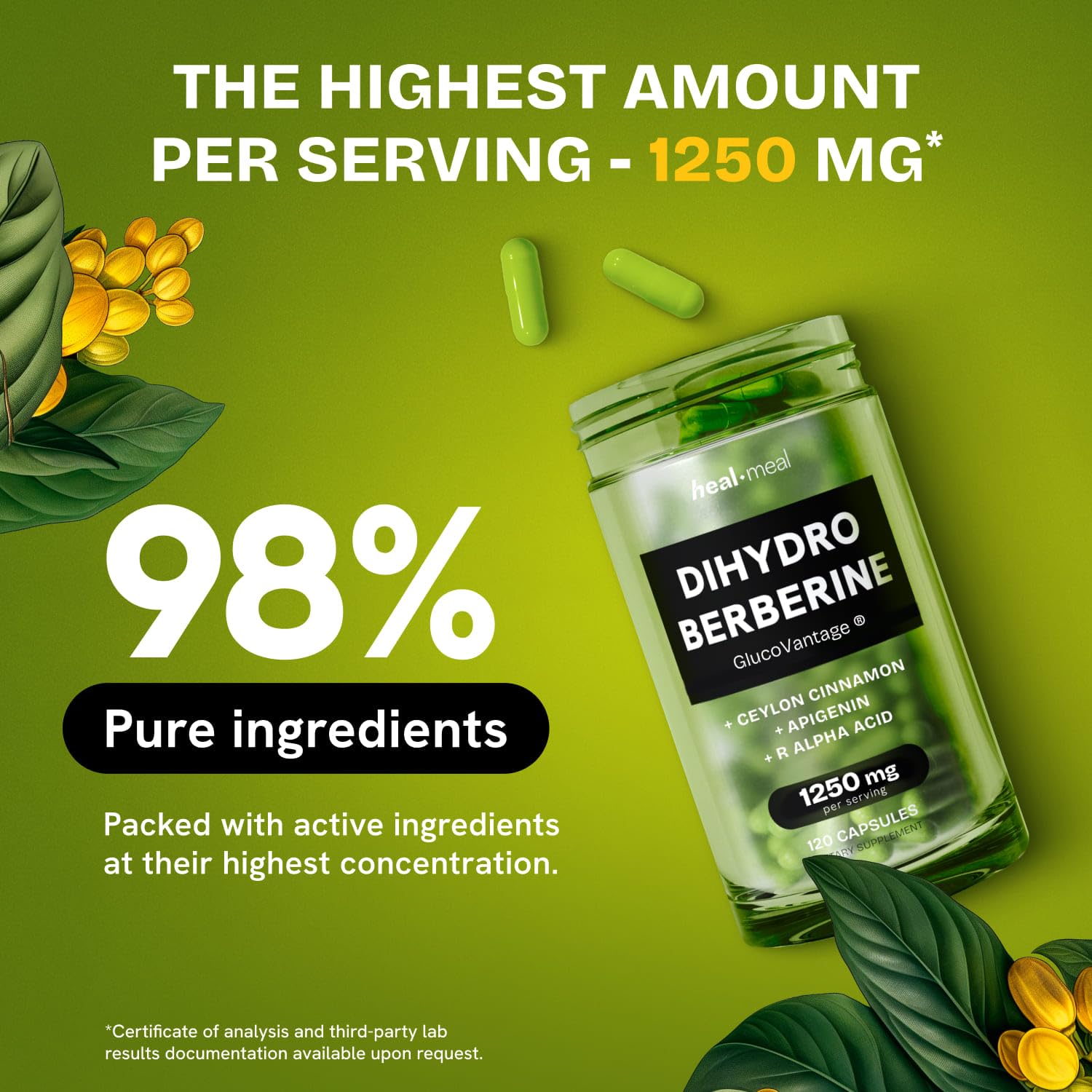 HealMeal Dihydroberberine capsules closeup shows small size for easy swallowing