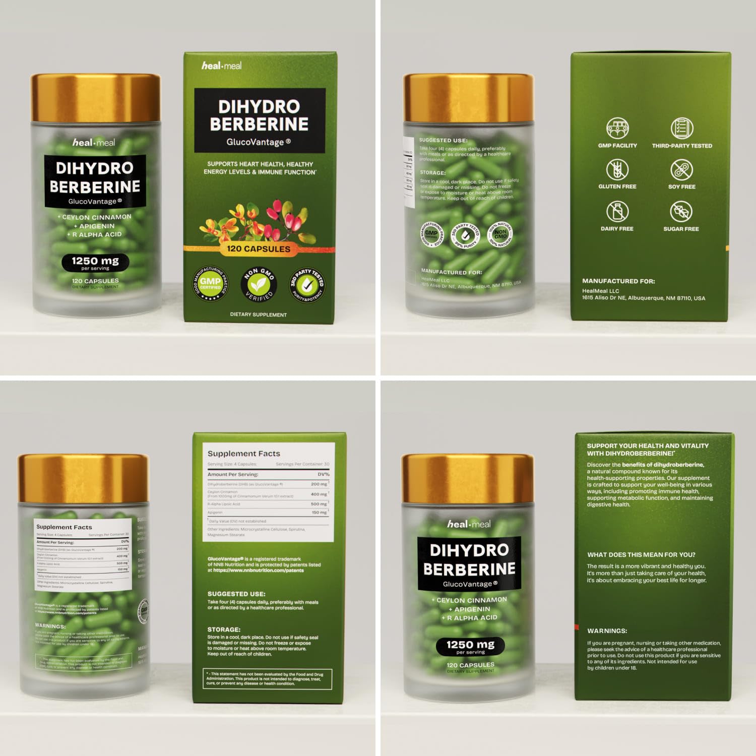 HealMeal Dihydroberberine serving-size visual conveys simple dosing at a glance