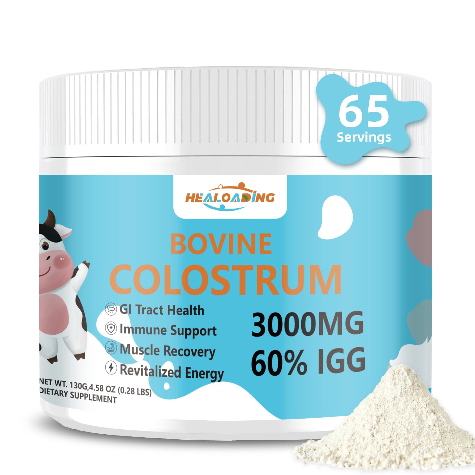 HEALOADING bovine colostrum powder tub for immune support and gut health.