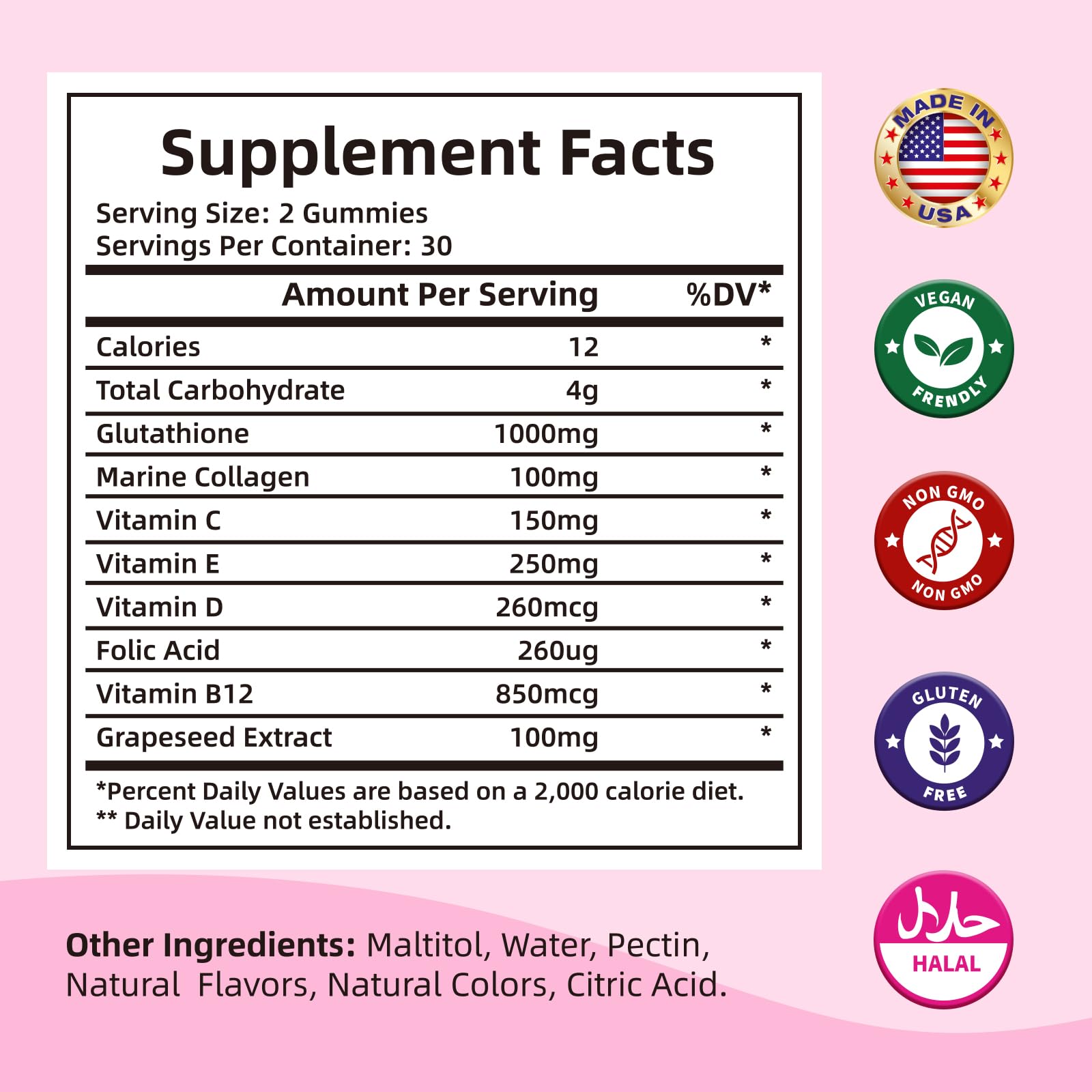 HEALOADING Glutathione Gummies ingredients label featuring marine collagen and vitamins