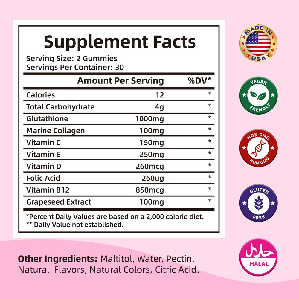 HEALOADING Glutathione Gummies ingredients label featuring marine collagen and vitamins